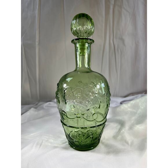 Light Green Glass Wine Bottle & Stopper MCM Vineyard Pattern Embossed Decanter - Picture 2 of 16